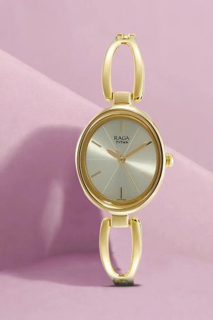 TITAN RAGA VIVA QUARTZ ANALOG CHAMPAGNE DIAL GOLD-TONE METAL STRAP WOMEN’S WATCH NT2579YM01
