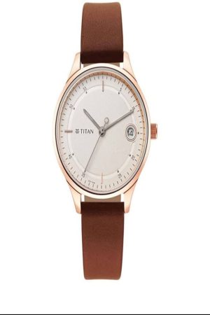 TITAN WORKWEAR QUARTZ ANALOG WHITE DIAL BROWN LEATHER STRAP WOMEN’S WATCH NT2649WL01