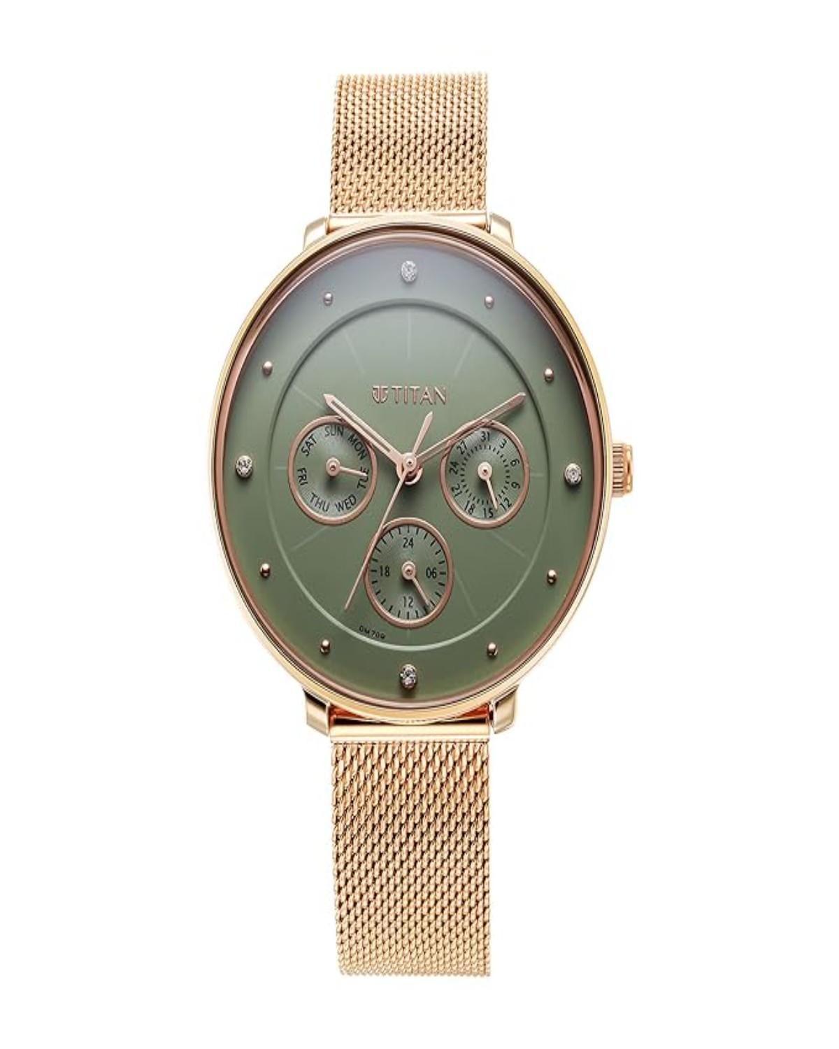 TITAN NEO QUARTZ MULTIFUNCTION GREEN DIAL ROSE GOLD STAINLESS STEEL STRAP WOMEN’S WATCH NT2651WM05