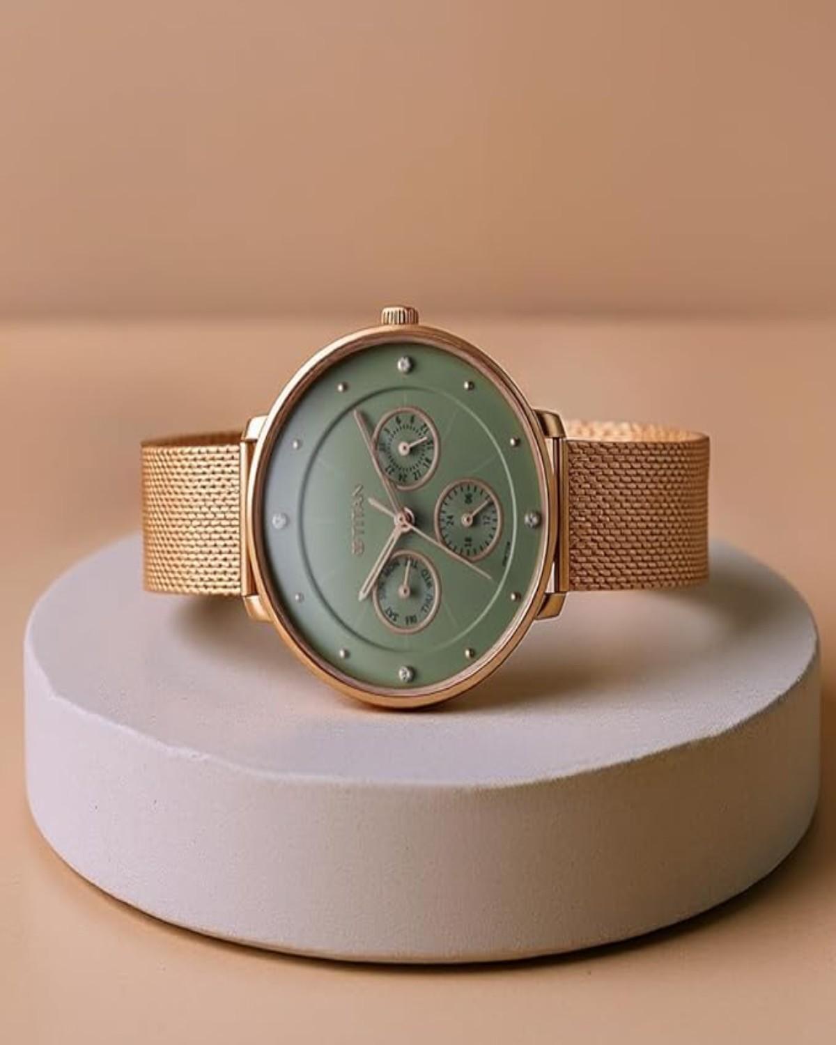 TITAN NEO QUARTZ MULTIFUNCTION GREEN DIAL ROSE GOLD STAINLESS STEEL STRAP WOMEN’S WATCH NT2651WM05 - Image 2