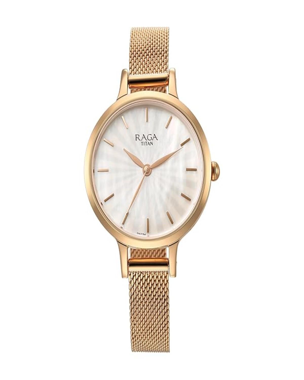 TITAN RAGA POWER PEARLS QUARTZ ANALOG MOTHER-OF-PEARL DIAL ROSE GOLD METAL STRAP WOMEN’S WATCH NT2666WM01